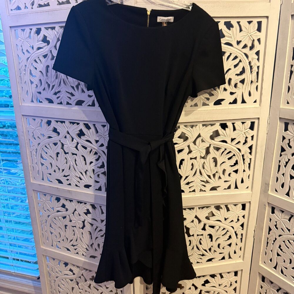 Black Calvin Klein Ruffled Tulip-Hem Crepe Dress Size 10